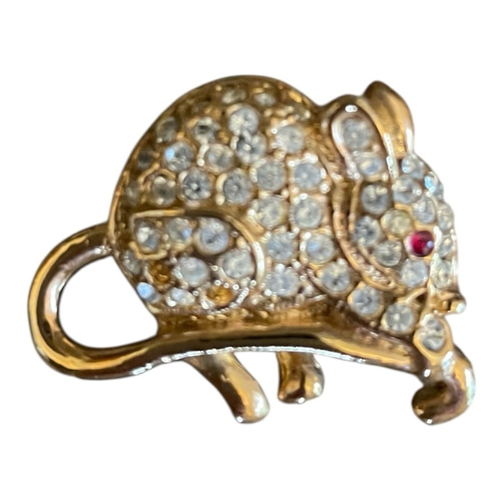 Gold and Crystal Vintage Mouse Brooch, Red Eye, Signed.